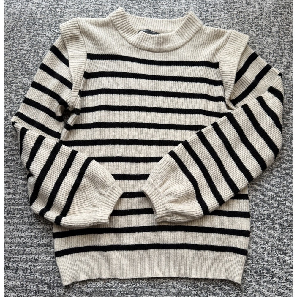 Prettygarden Striped Heavy Knit Sweater Size Small‎ Beige Black Mock Neck Ribbed